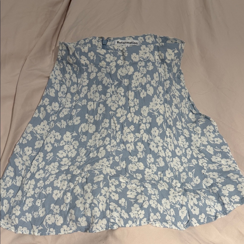 Reformation Light Blue and White Floral A-Line Skirt